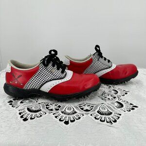 Women's Foot Joy Dry Joys Golf Shoes, Black & White checkered Red White, sz 7.5